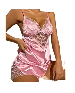 Image For Contrast Heart Embroidery Mesh Bow Front Satin PJ Set