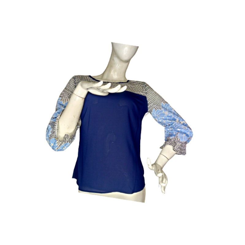 The Image For Navy Blue Multi Color Sleeve Top