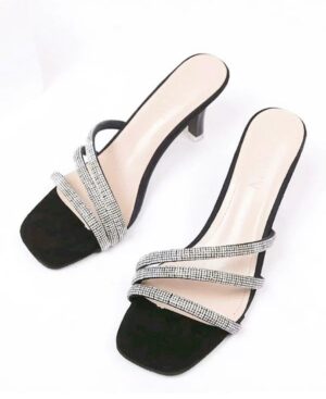 Image of Black Heeled Kitten Mules With Rhinestone Straps