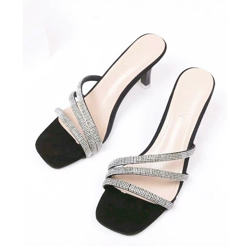 Image of Black Heeled Kitten Mules With Rhinestone Straps