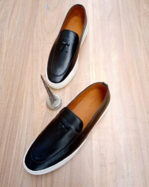 Image of Black Handmade Shoe With White Sole