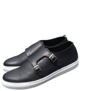 Image of Four Buckle Decor Black Handmade Shoe With White Sole