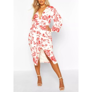 Image For Plus Floral Print Plunge Tie Waist Midi Dress