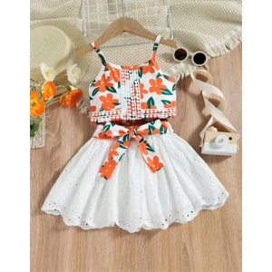 Image For Floral Print Guipure Lace Panel Cami Top & Belted Skirt