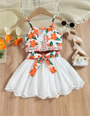 Image For Floral Print Guipure Lace Panel Cami Top & Belted Skirt