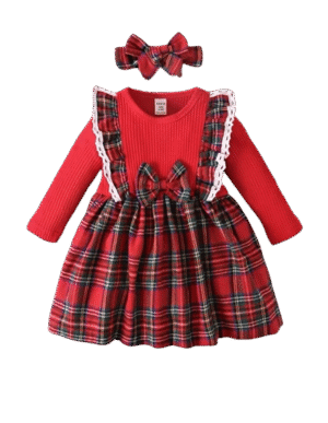 Image For Baby Tartan Ruffle Trim Bow Front Dress & Headband