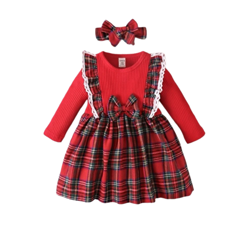 Image For Baby Tartan Ruffle Trim Bow Front Dress & Headband