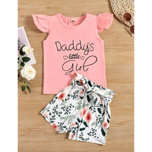 Image For Slogan Graphic Ruffle Sleeve Top & Belted Shorts