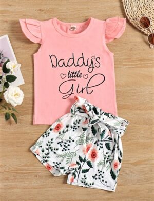 Image For Slogan Graphic Ruffle Sleeve Top & Belted Shorts