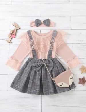 Image For Lace Panel Tee & Plaid Skirt & Headband