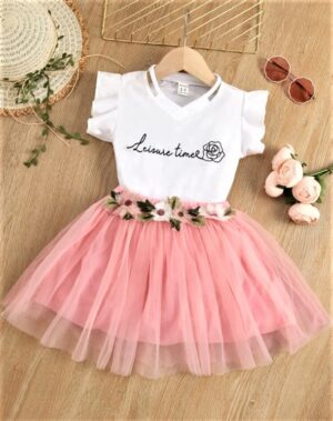 Image For Toddler Girls Floral & Letter Graphic Flutter Sleeve Tee & Applique Mesh Skirt