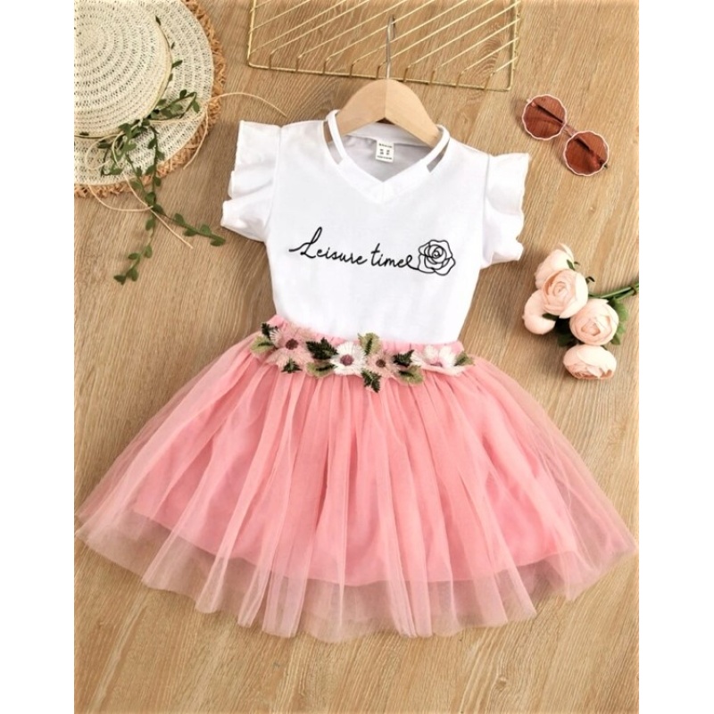 Image For Toddler Girls Floral & Letter Graphic Flutter Sleeve Tee & Applique Mesh Skirt