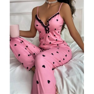 Image For Heart Print Contrast Lace Bow Front Cami PJ Set