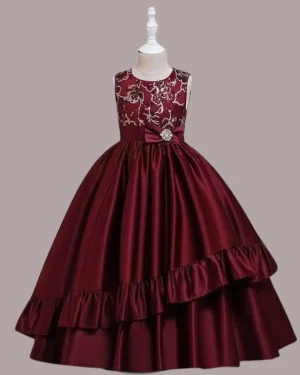 Girls' Burgundy Lace & Satin Layered Ball Gown
