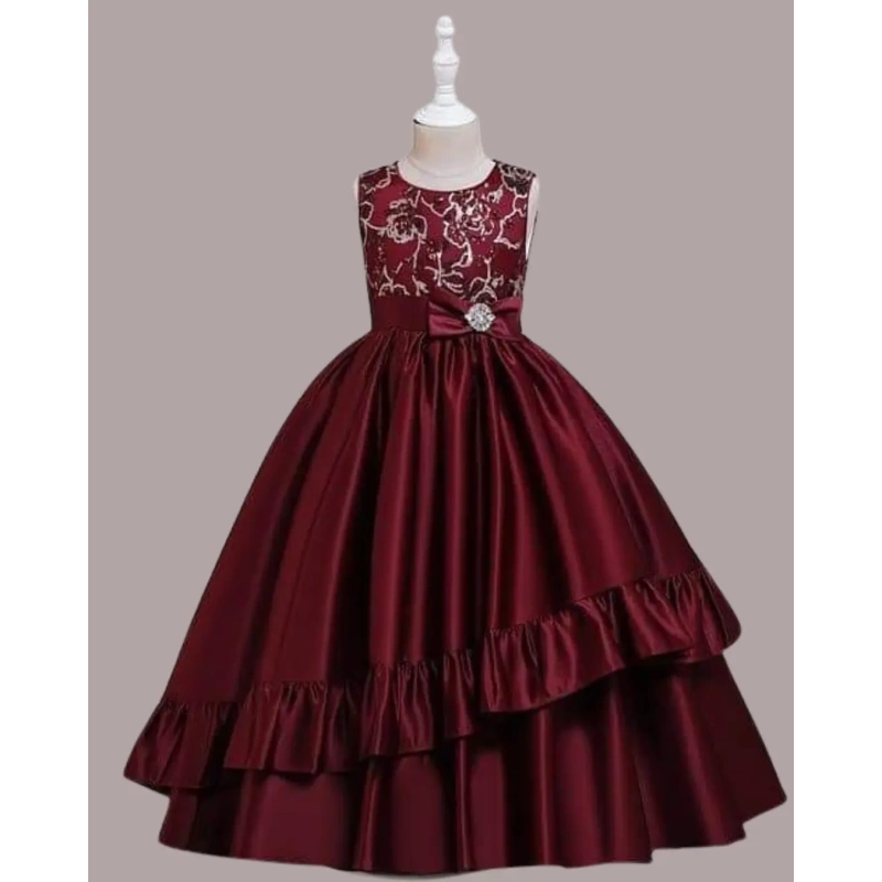 Girls' Burgundy Lace & Satin Layered Ball Gown