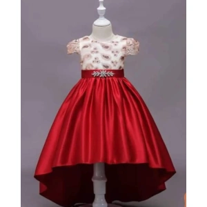 Elegant Red Satin High-Low Ball Gown for Girls