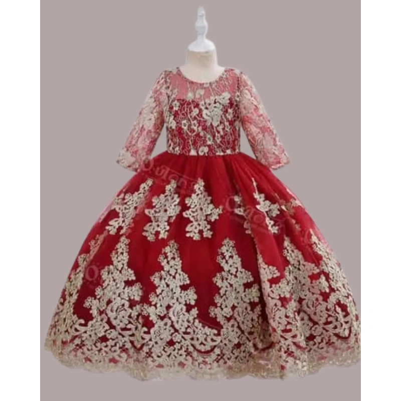 Girls' Red and Gold Embroidered Ball Gown