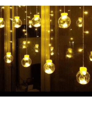 LED Hanging String Curtain Lights with Bulb Ornaments.