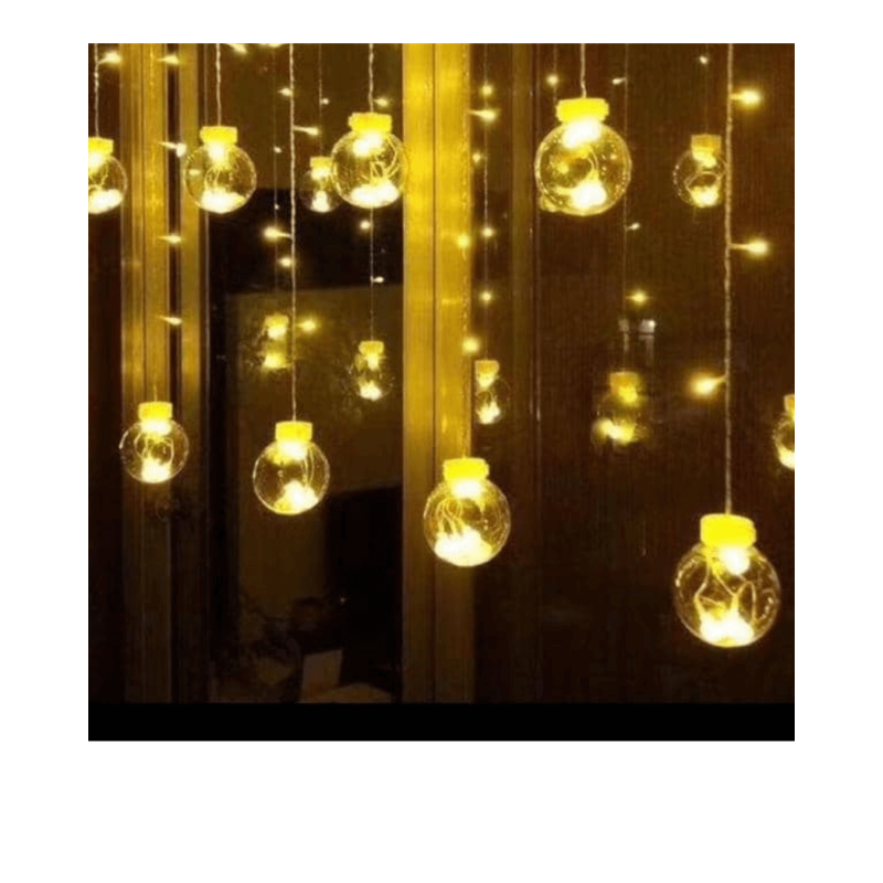 LED Hanging String Curtain Lights with Bulb Ornaments.