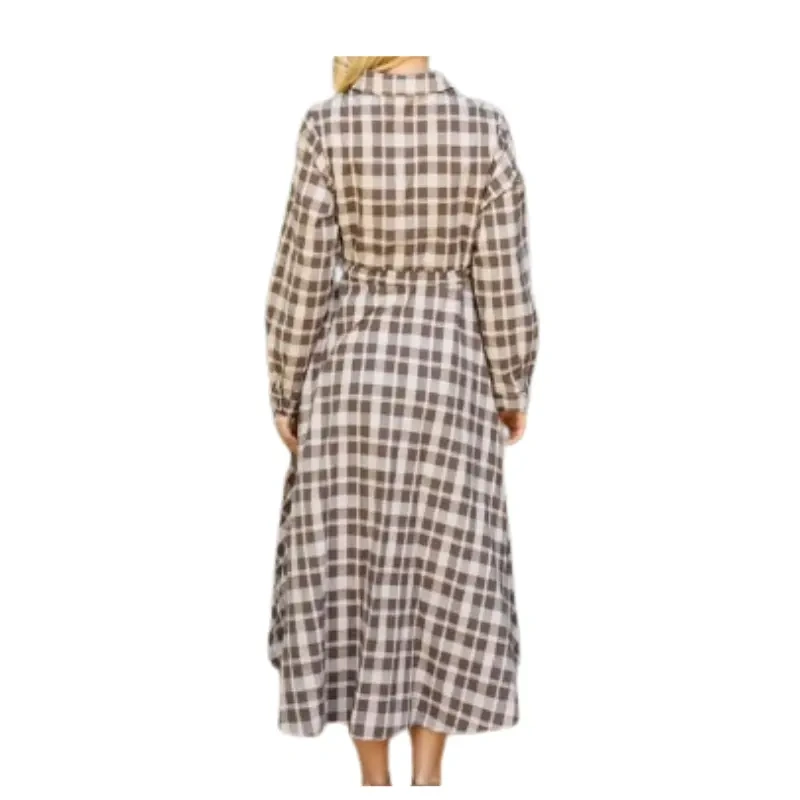 Ces Femme Brown & Cream Plaid Midi Shirt Dress – Classic & Chic 1