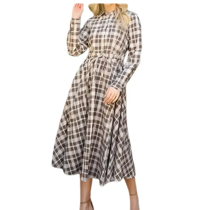 Ces Femme Brown & Cream Plaid Midi Shirt Dress – Classic & Chic