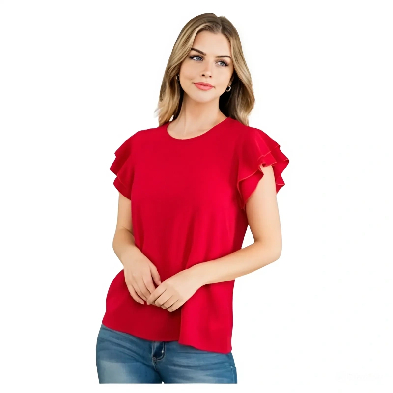 Classic Peach Red Layered Ruffled Sleeve Round Neck Top