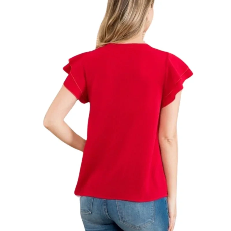 Classic Peach Red Layered Ruffled Sleeve Round Neck Top