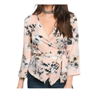 Elegant Pink Floral Satin Wrap Top – Chic & Feminine