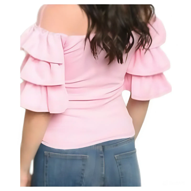 Elegant Pink Off-Shoulder Ruffle Sleeve Top – Chic & Trendy