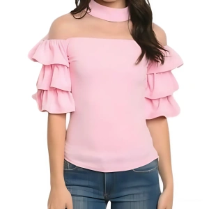 Elegant Pink Off-Shoulder Ruffle Sleeve Top – Chic & Trendy