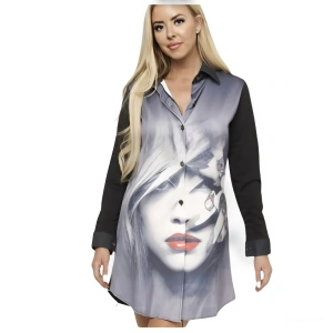 Grey Black printed Face Mini shirt Dress