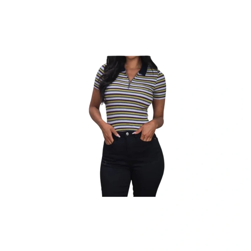 Classic Striped Short Sleeve Polo Shirt with Zipper Detail