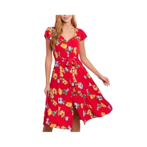Elegant Chic Women's Red Floral Print Midi Dress with Flutter Sleeves and Tie Waist