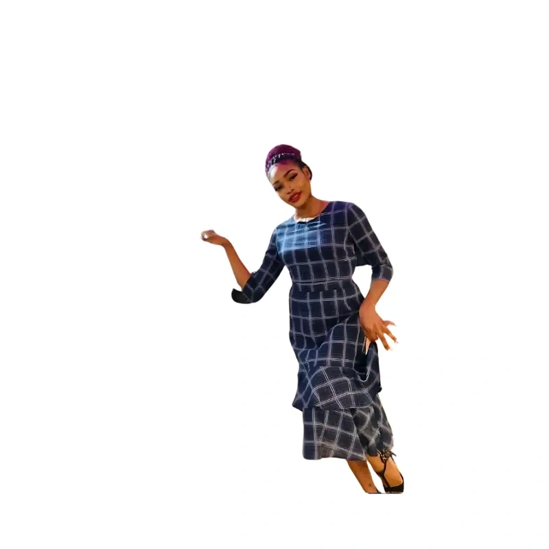 Women's Plaid Print Midi Dress with 3/4 Sleeves and Tiered Hem