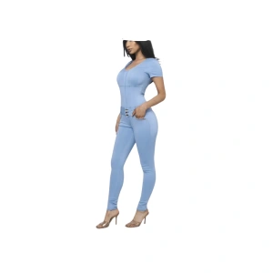 Elegant Short Sleeve Denim Look Jumpsuit with Corset Waist Detail