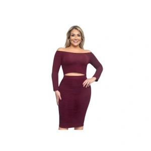 Beautiful Plus Size Off-Shoulder Long Sleeve Crop Top and Ruched Midi Skirt Set