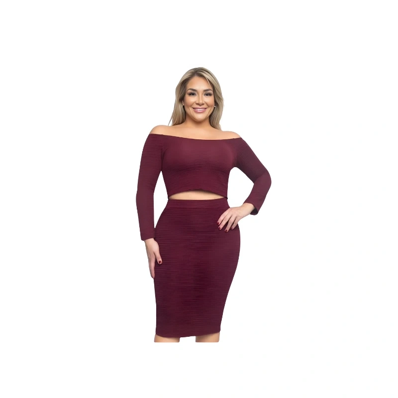Beautiful Plus Size Off-Shoulder Long Sleeve Crop Top and Ruched Midi Skirt Set
