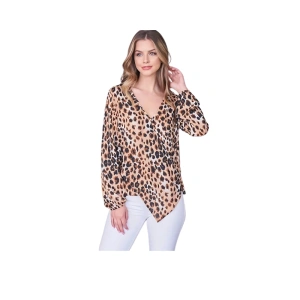 Beautiful Long Sleeve V-Neck Leopard Print Asymmetrical Hem Blouse