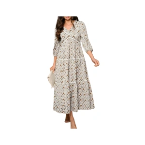 Elegant Floral Print Tiered Maxi Dress with 3/4 Sleeves and Lace Trim