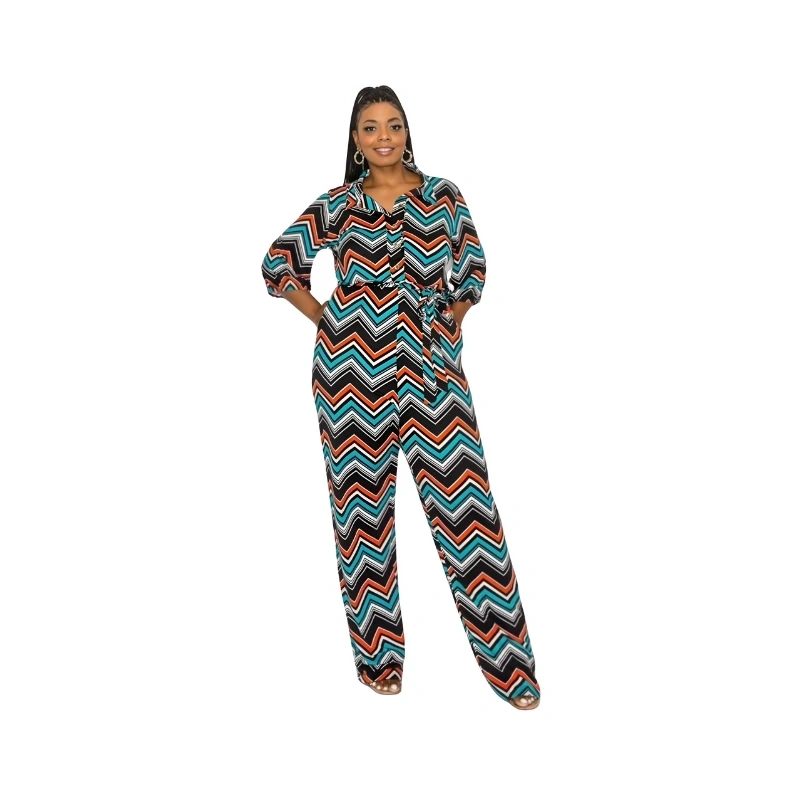Women's Plus Size Chevron Print Wide-Leg Jumpsuit with Belt