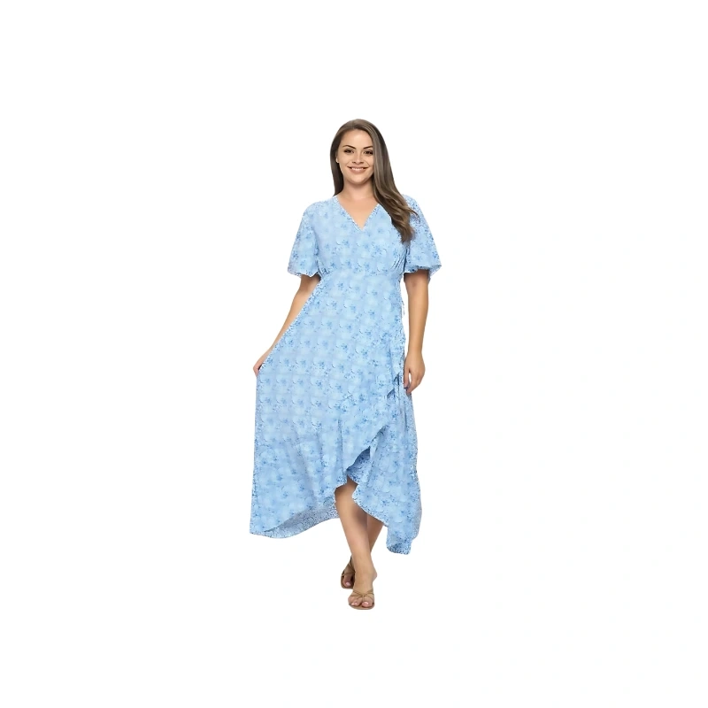 Beautiful Floral Print Flutter Sleeve Wrap Maxi Dress with Ruffle Hem