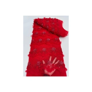 Elegant Red Embroidered Net Beaded Fabric - 5Yards