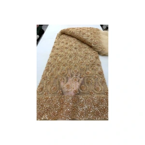 Elegant Gold Beaded Lace Fabric - 5Yards