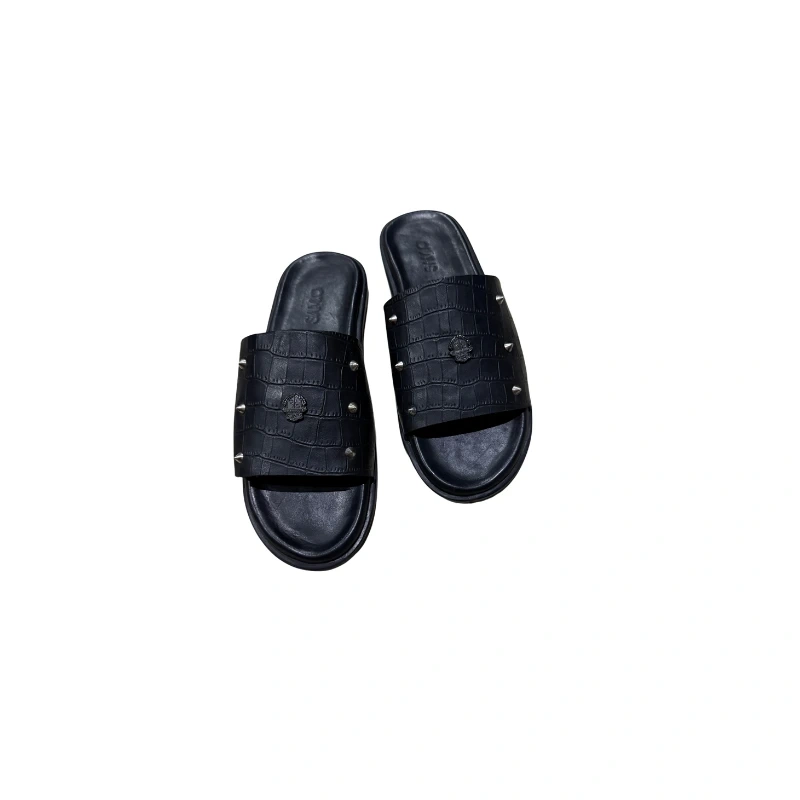 Black Crocodile-Effect Studded Sandals - Edgy Style & Comfort