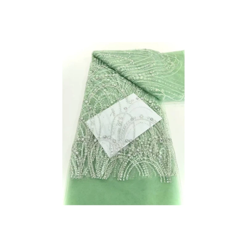 Elegant Green Sequined Crystal Stone Lace Fabric - 5Yards