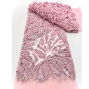 Elegant Pink Beaded Lace Fabric