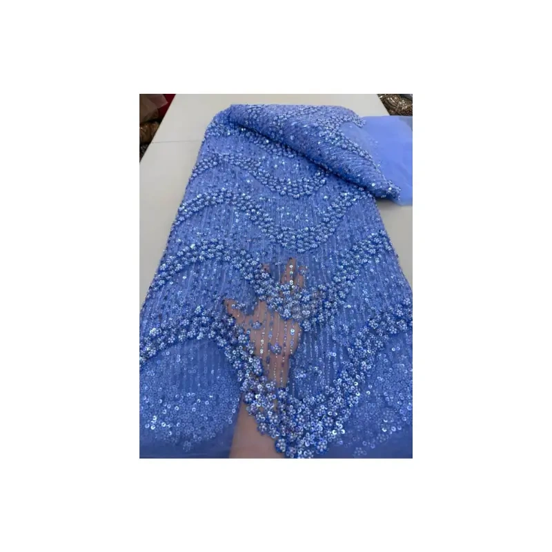 Elegant Light Blue Sequin beaded Lace Fabric