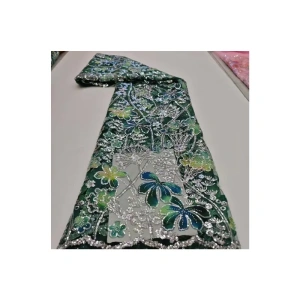 Elegant Foliame Floral Beaded Embroidery Glitter Net Lace Fabric - 5Yards