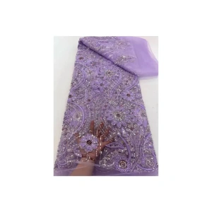 Elegant Lavender Beaded Lace Fabric - 5Yards
