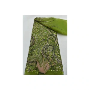 Elegant Green Sequined Beaded Lace Fabric - 5Yards